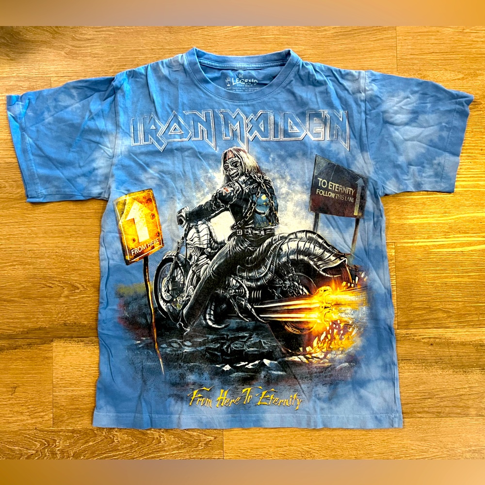 Hand printed, blue tie dye limited edition Iron Maiden Tshirt
